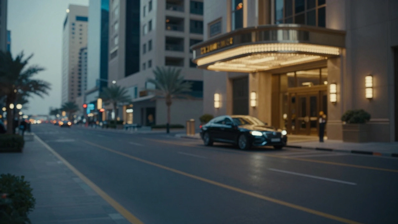 A luxury car waiting discreetly near a Dubai hotel at dusk, evoking privacy and exclusivity.