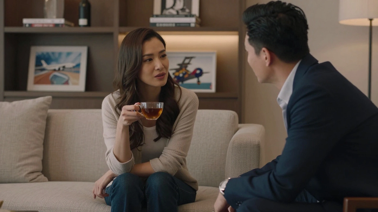 A woman and man in a refined apartment, engaged in thoughtful conversation over tea.