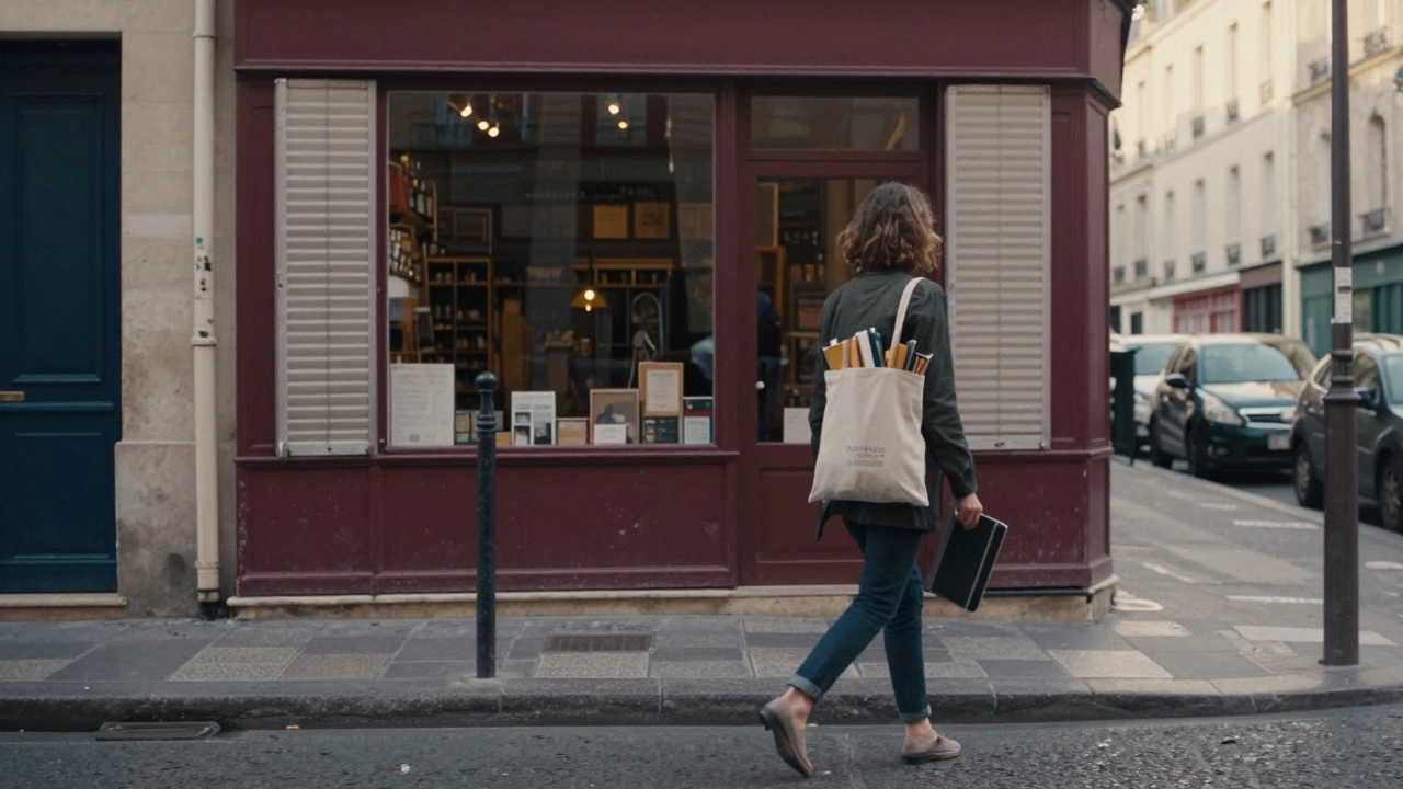 A woman walking alone in Saint-Germain at dawn, books and laptop in hand, blending into the city.
